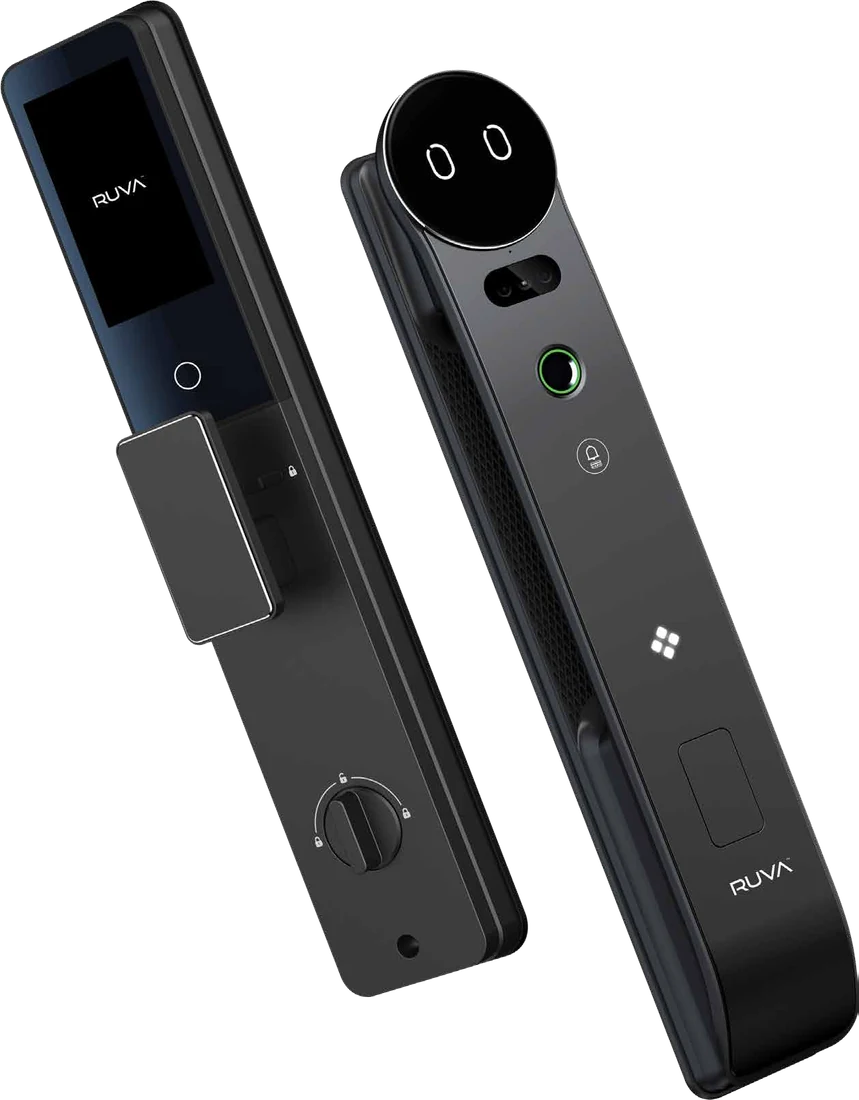 The RUVA X20 smart lock, front and rear panels shown together, with a round face-recognition module and fingerprint reader