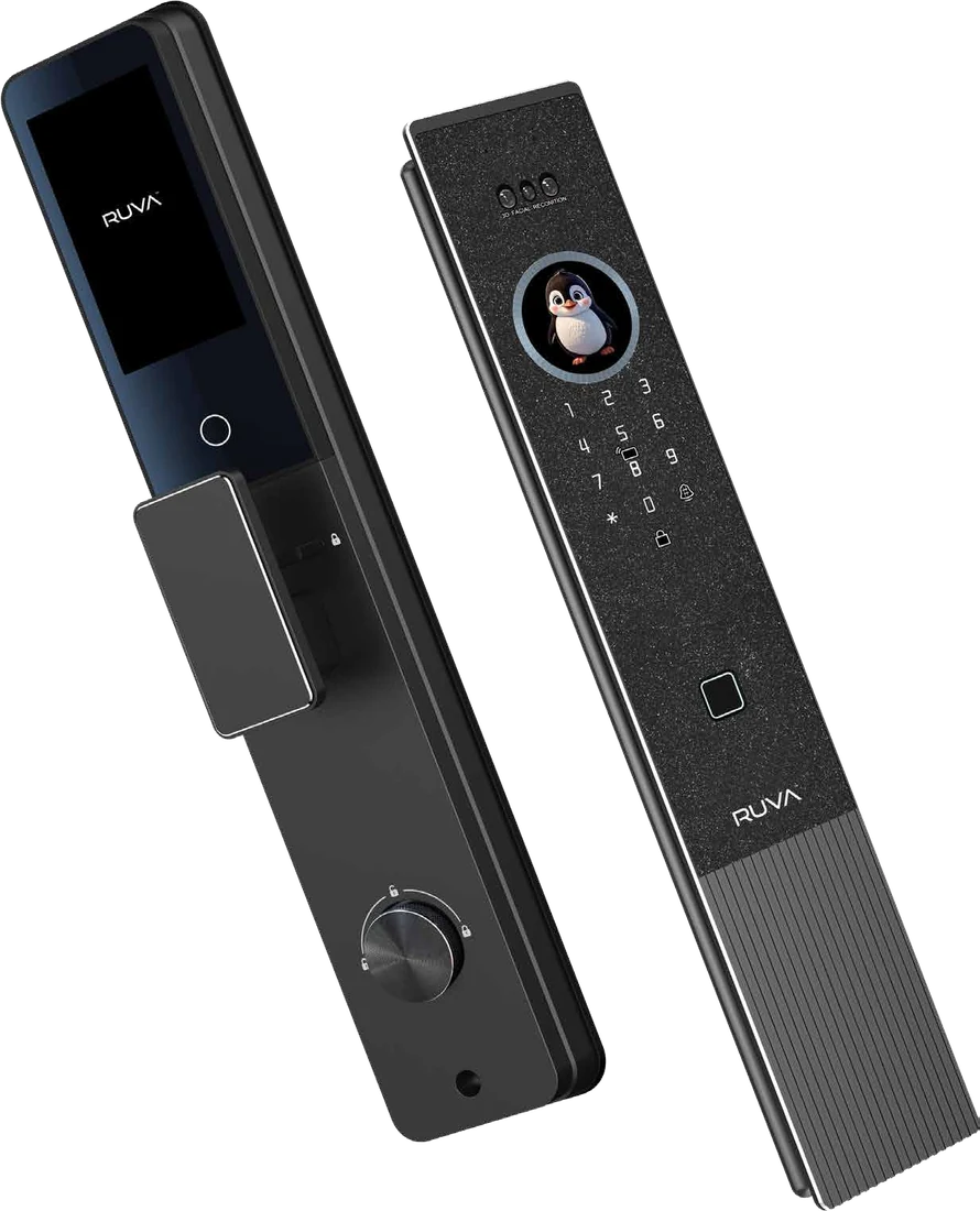 The RUVA X60 smart lock, front and rear panels shown together, with a textured vertical finish, round display and touch keypad