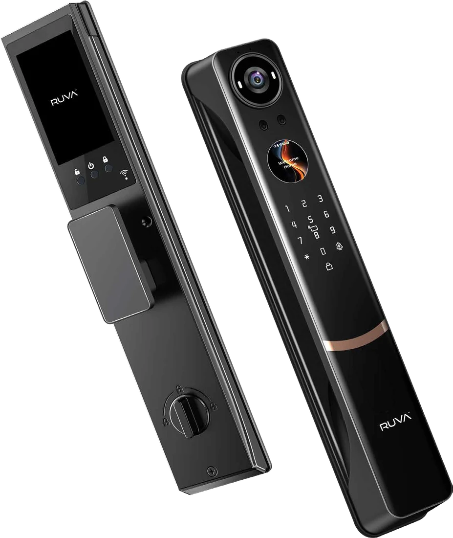 The RUVA X70 smart lock in gloss black, front and rear panels shown together, with its round camera, copper accent band and touch keypad