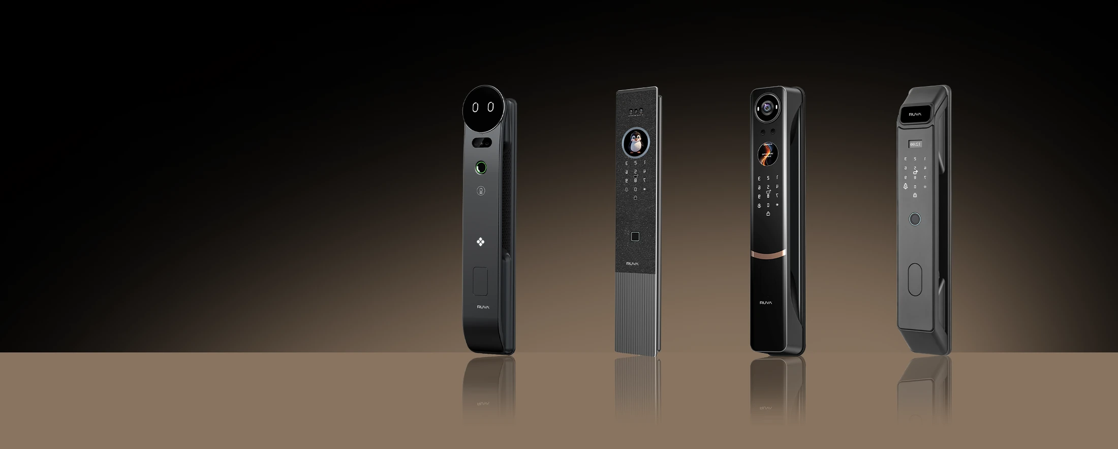 The four RUVA locks — X20, X60, X70 and E30 — standing in a row on a dark graduated background