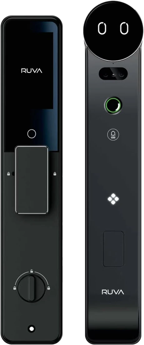 The X20 straight on: the indoor panel beside the outdoor panel, showing the round face-recognition head, the ringed fingerprint reader and the doorbell key