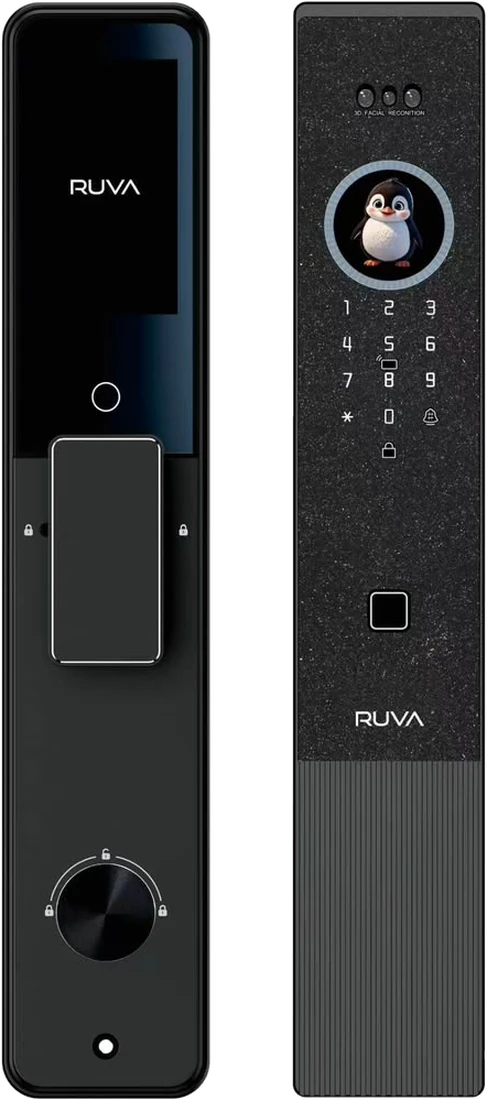 The X60 straight on: the indoor panel beside the outdoor panel, showing the 3D facial recognition sensors, round display, keypad and ribbed lower section