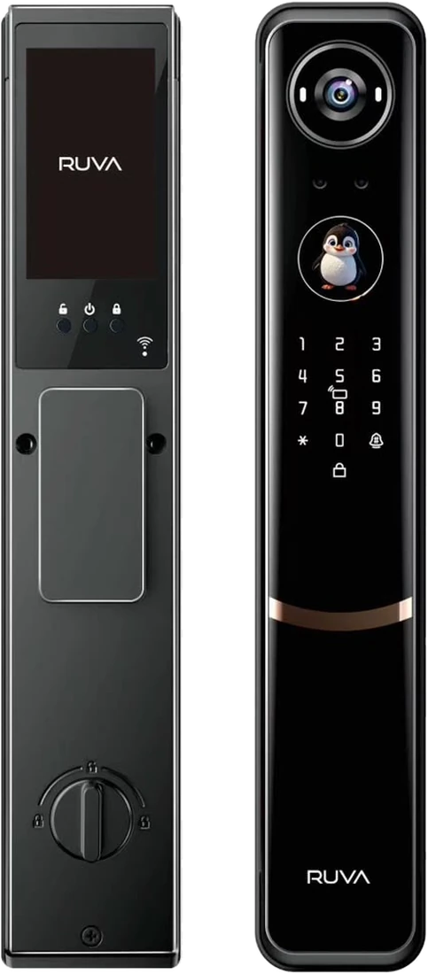 The X70 straight on: the indoor panel with its display and status keys beside the outdoor panel showing the camera, recognition screen, keypad and copper band